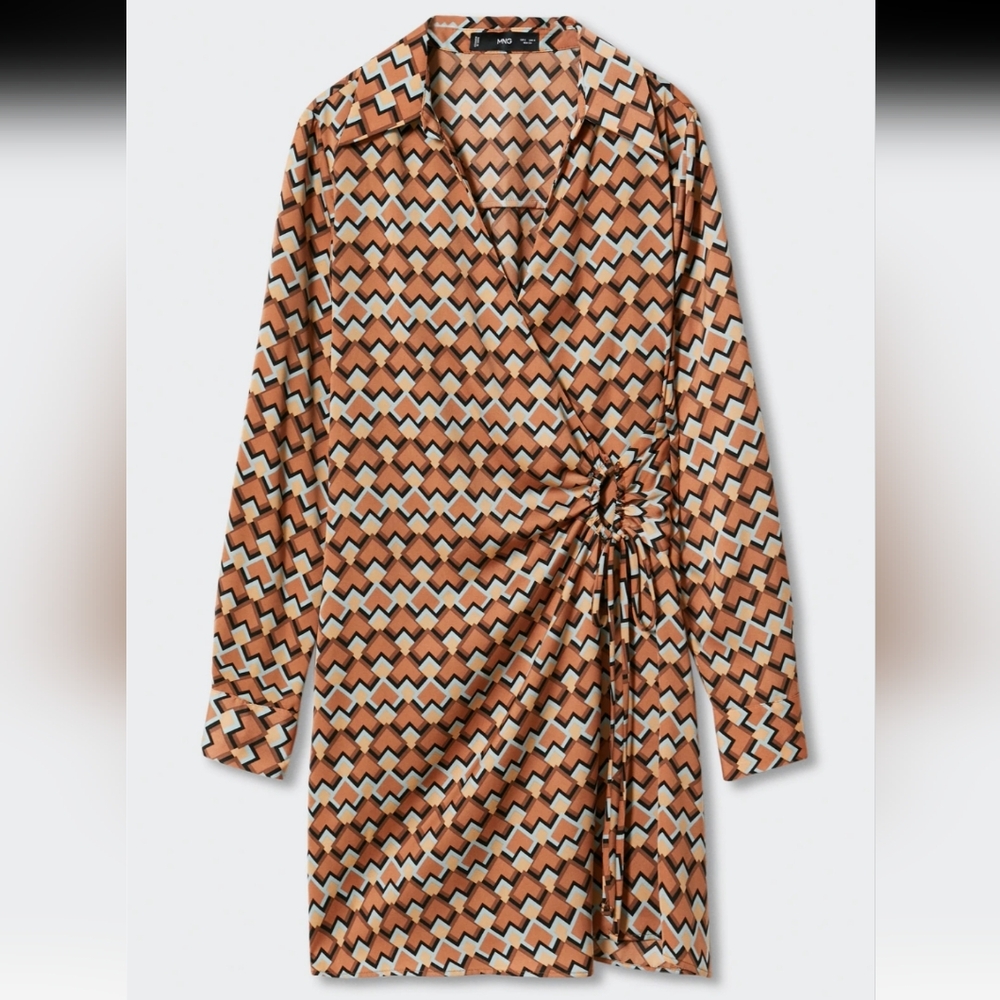 Mango Satin V-Neck Geometric Print Wrap Dress, 14, Multi